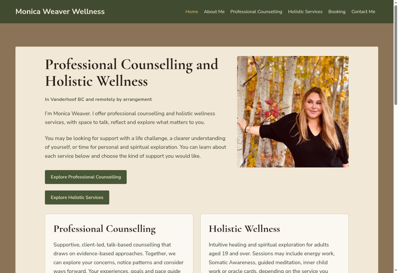 Desktop homepage of Monica Weaver Wellness, showing Monica’s portrait and separate professional counselling and holistic wellness service paths.